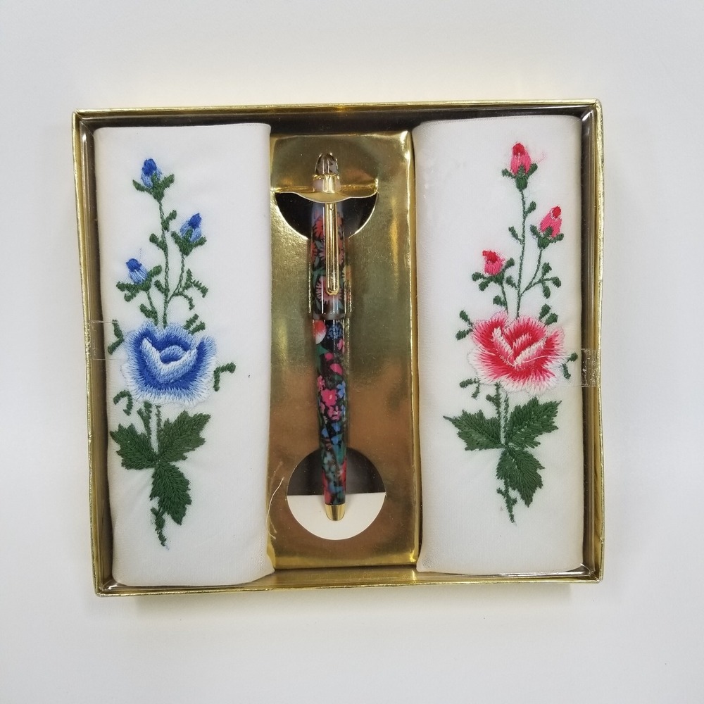 Vintage Handkerchief Gift Set with Pen Floral Embroidery Flowers Sealed Cottage